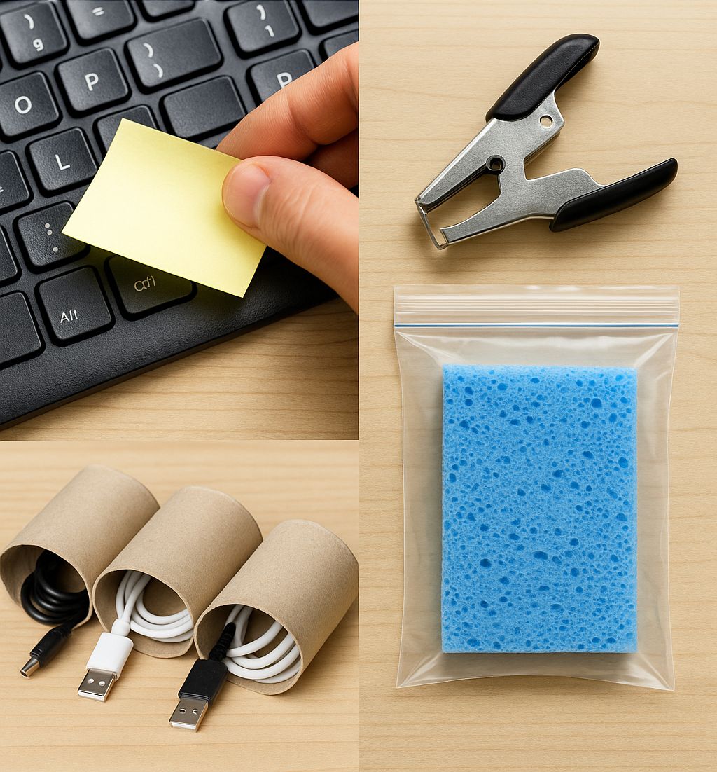 Flat lay image showing multiple DIY life hacks including cable organization, cleaning keyboard with sticky note, and homemade ice pack.