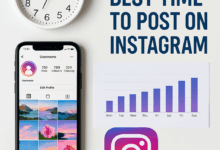 Flat lay image showing a clock, smartphone with Instagram profile, bar chart of posting days, and Instagram logo, with the text 'Best Time to Post on Instagram'.