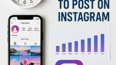 Flat lay image showing a clock, smartphone with Instagram profile, bar chart of posting days, and Instagram logo, with the text 'Best Time to Post on Instagram'.