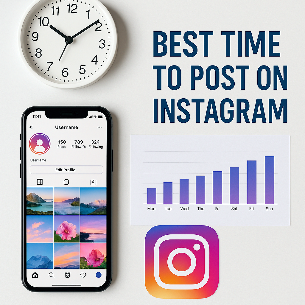 Flat lay image showing a clock, smartphone with Instagram profile, bar chart of posting days, and Instagram logo, with the text 'Best Time to Post on Instagram'.