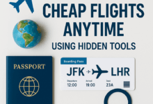 Flat lay travel-themed image with a passport, globe, boarding pass, magnifying glass, and airplane icon, featuring the text 'How to Find Cheap Flights Anytime Using Hidden Tools'.