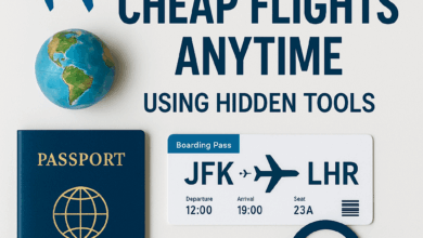 Flat lay travel-themed image with a passport, globe, boarding pass, magnifying glass, and airplane icon, featuring the text 'How to Find Cheap Flights Anytime Using Hidden Tools'.