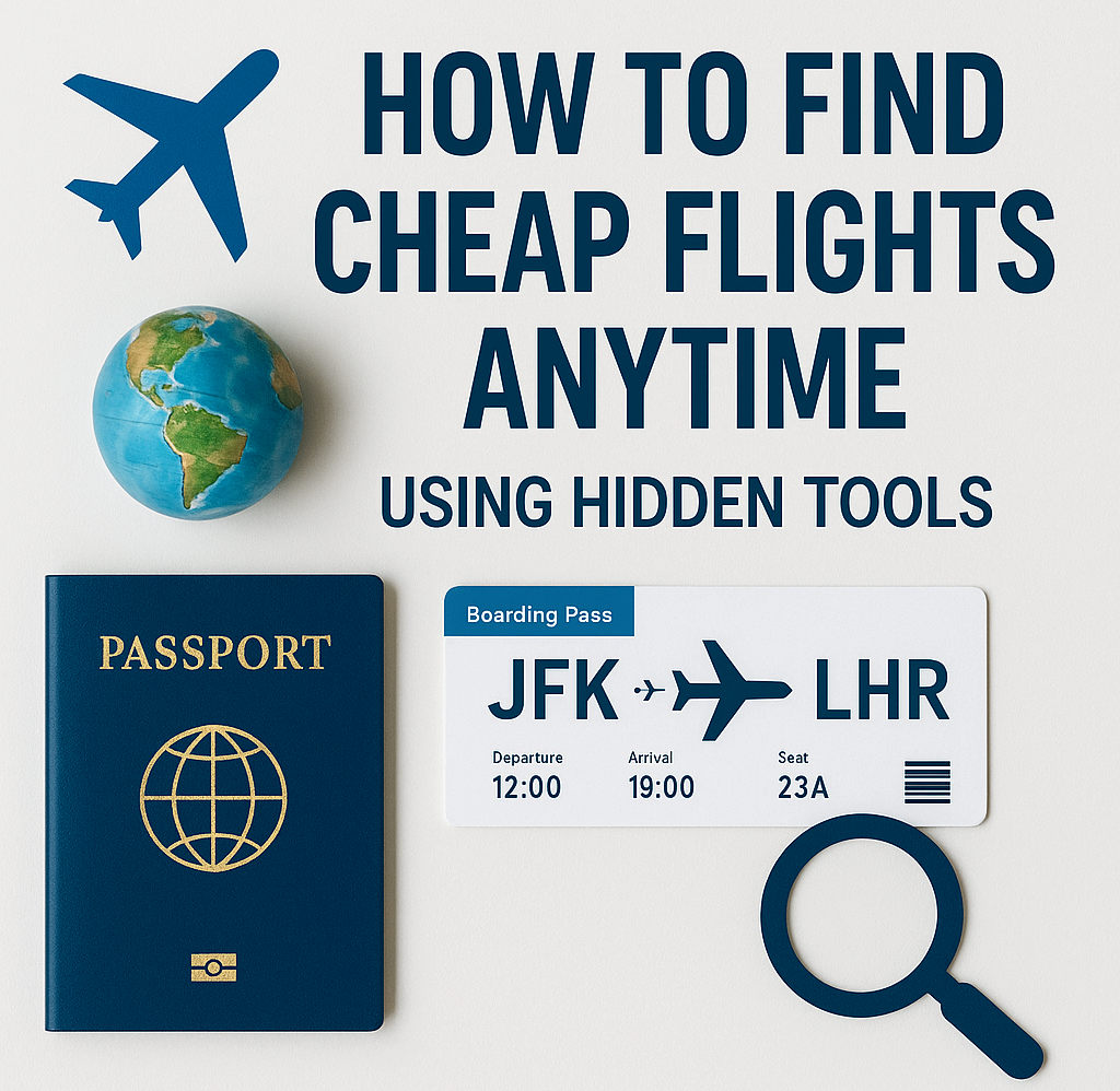 Flat lay travel-themed image with a passport, globe, boarding pass, magnifying glass, and airplane icon, featuring the text 'How to Find Cheap Flights Anytime Using Hidden Tools'.