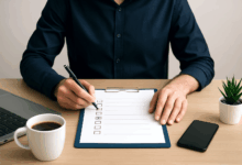 Man working at clean desk with checklist and coffee - productive workspace