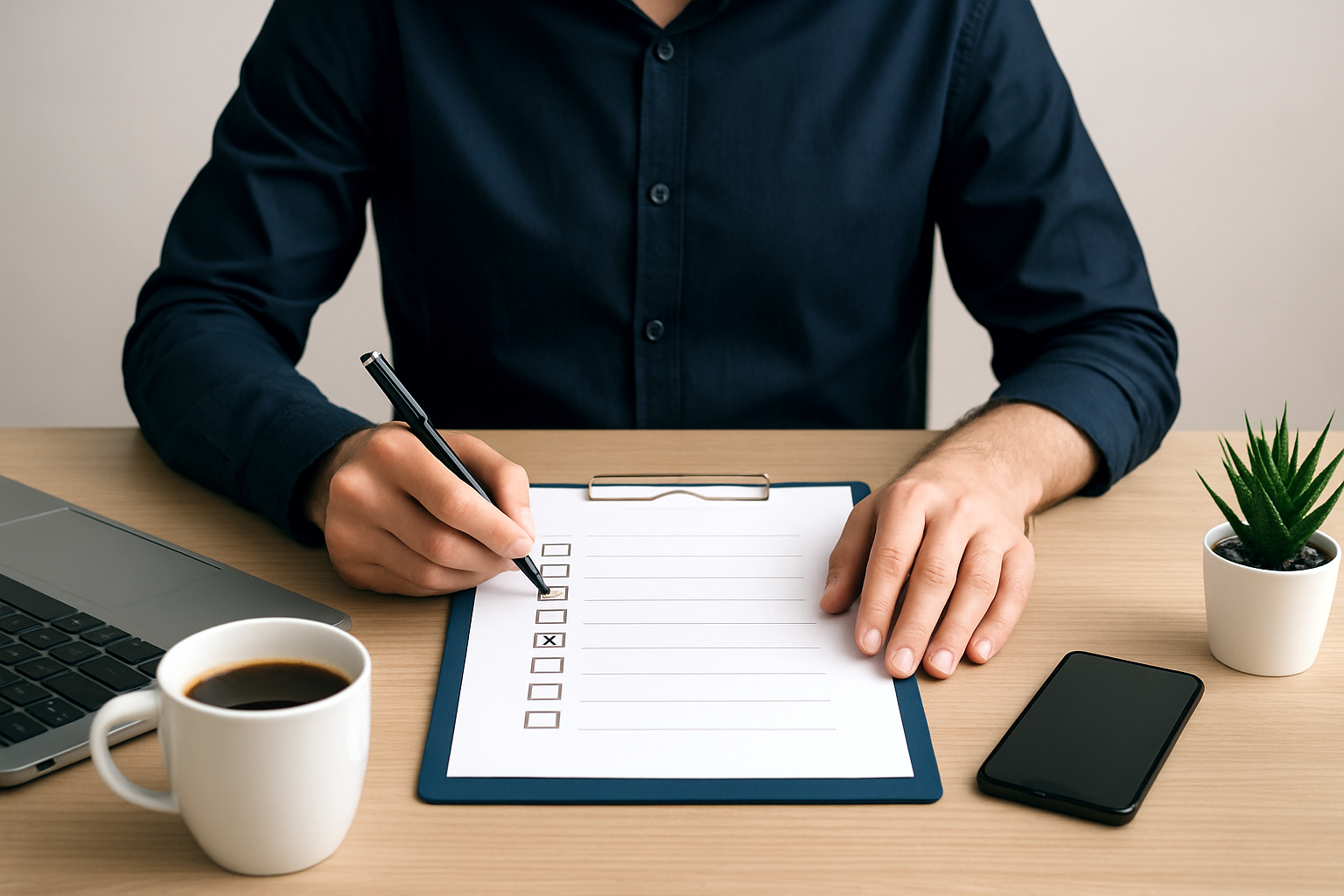 Man working at clean desk with checklist and coffee - productive workspace