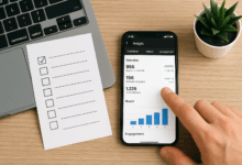 Phone screen showing Instagram insights with rising engagement chart