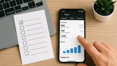 Phone screen showing Instagram insights with rising engagement chart