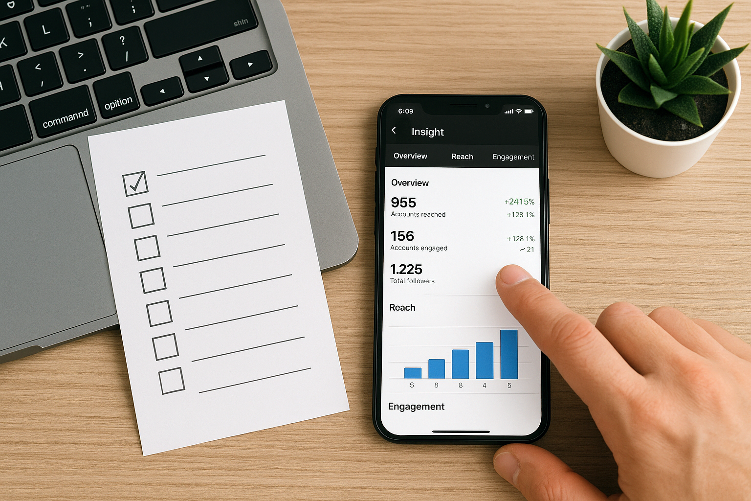 Phone screen showing Instagram insights with rising engagement chart