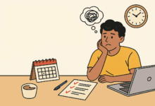 A young man sits at a desk looking frustrated, with a thought bubble showing a scribble above his head. In front of him are a checklist, pen, coffee cup, calendar, and open laptop. A wall clock and the title “How to Stop Procrastinating and Get Things Done” appear beside him.