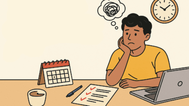A young man sits at a desk looking frustrated, with a thought bubble showing a scribble above his head. In front of him are a checklist, pen, coffee cup, calendar, and open laptop. A wall clock and the title “How to Stop Procrastinating and Get Things Done” appear beside him.