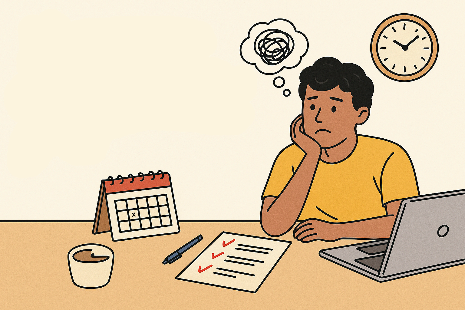A young man sits at a desk looking frustrated, with a thought bubble showing a scribble above his head. In front of him are a checklist, pen, coffee cup, calendar, and open laptop. A wall clock and the title “How to Stop Procrastinating and Get Things Done” appear beside him.