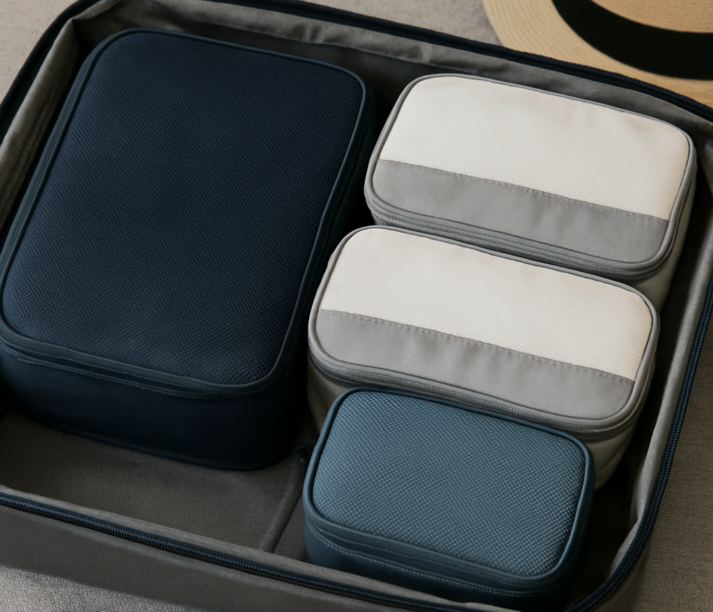 Open suitcase neatly packed with four colorful packing cubes in different sizes, showcasing an organized travel setup on a neutral background.