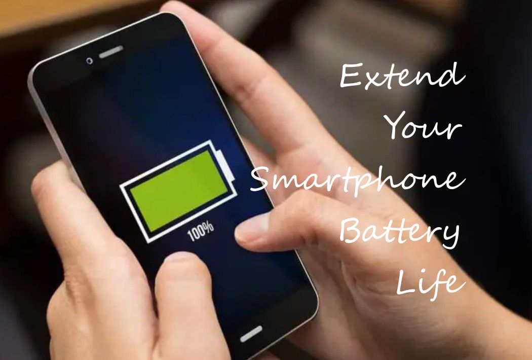 A smartphone with a full battery icon, energy-saving symbols, and settings icons on a vibrant tech background