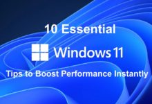 Illustration of a Windows 11 laptop with performance-enhancing icons like gears, speed bars, and a sleek blue interface