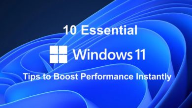 Illustration of a Windows 11 laptop with performance-enhancing icons like gears, speed bars, and a sleek blue interface