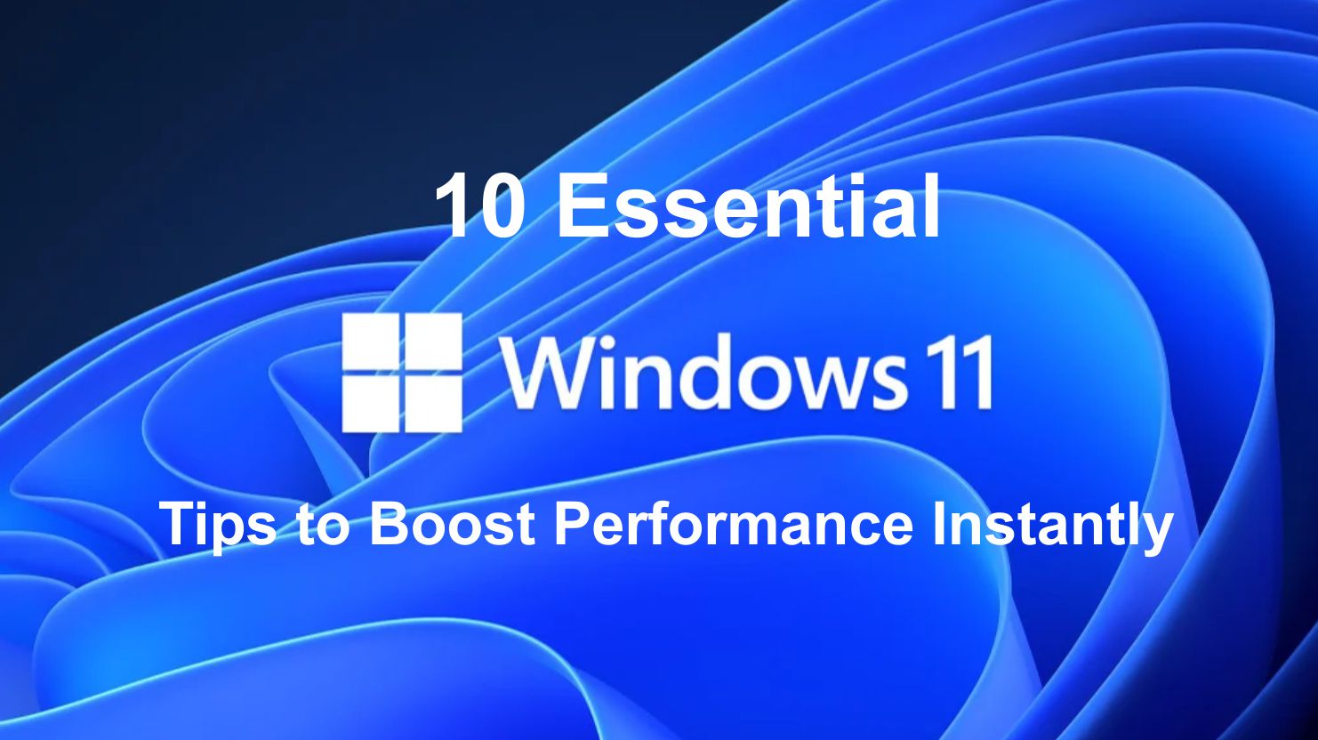 Illustration of a Windows 11 laptop with performance-enhancing icons like gears, speed bars, and a sleek blue interface